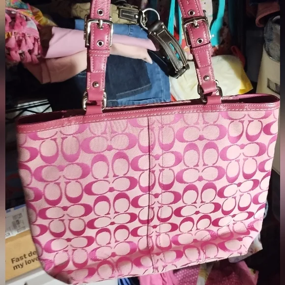 Vintage Coach Hampton Signature Pink Tote Shoulder Handbag Canvas Leather - Picture 2 of 5
